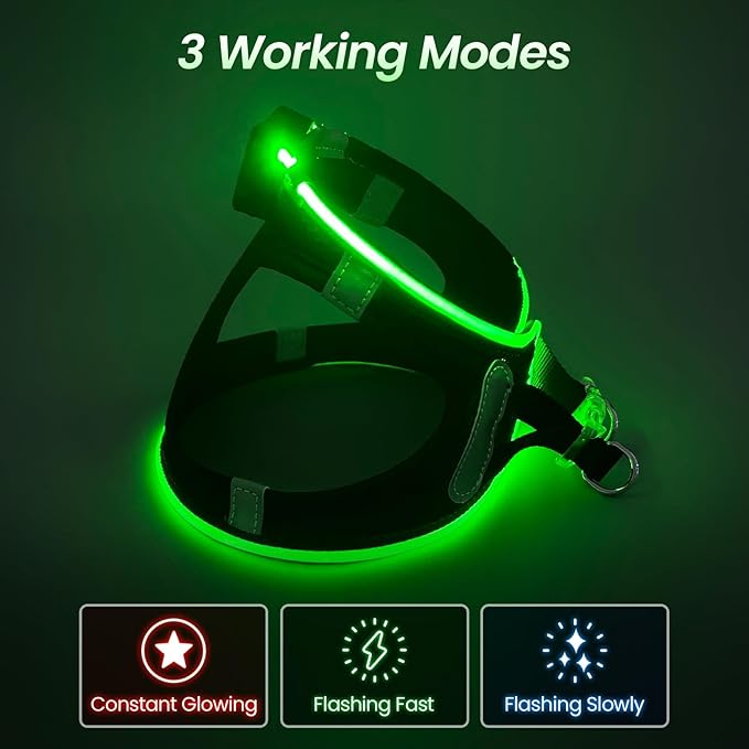 PceoTllar Light Up Dog Harness, LED No Pull Reflective Dog Harness, Flashing Lighted for Night Walking - Small/Medium, (Black Green,L)
