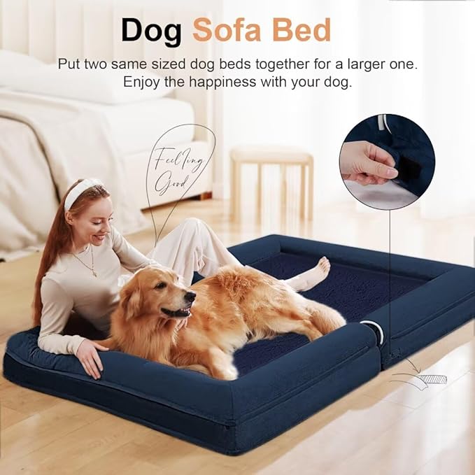 Large Dog Bed Orthopedic Washable: Beds Bolster XL Bed Large Big Dogs Memory Foam Couch Sofa Waterproof with Removable Cover - Navy Blue