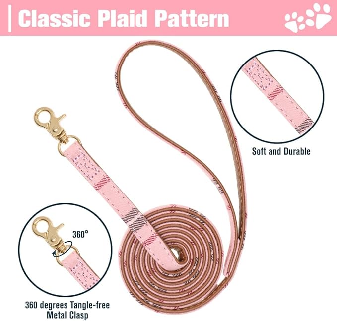 EXPAWLORER Puppy Collar and Leash Set - Plaid Dog Collar and Leash with Bow Tie and Bandana, Bell, XS Pink