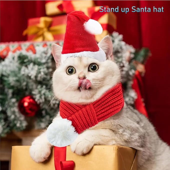 ANIAC Cat Santa Hat with Scarf Dog Xmas Cap Puppy Christmas Costume Pet Warm Headgear Doggy Neck Accessories for Cats and Small Dogs(Small)