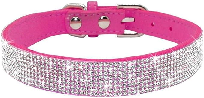 Rhinestone Dog Collar, Cute Dazzling Sparkling Soft Suede Leather Dog Cat Rhinestone Collar Crystal Diamond Pet Dog Puppy Collar(Hot Pink,XXS 15.5 - 21 cm)