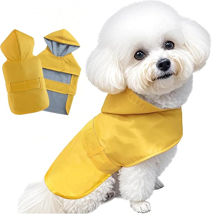 Dog Raincoat Small Dog Rain Jacket Poncho Waterproof Pet Rain Suit Double Layer Cotton Lining Hooded Leash Hole Adjustable Puppy Small Dogs Cats,Yellow,XS