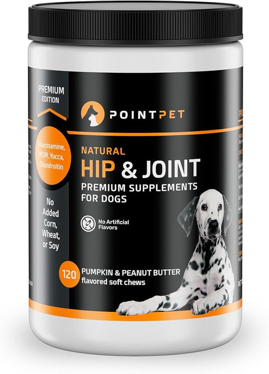 PointPet Glucosamine for Dogs, 120 Count - Peanut Butter & Pumpkin Flavor Hip and Joint Supplement - Mobility Soft Chews with Chondroitin & MSM with Omega 3