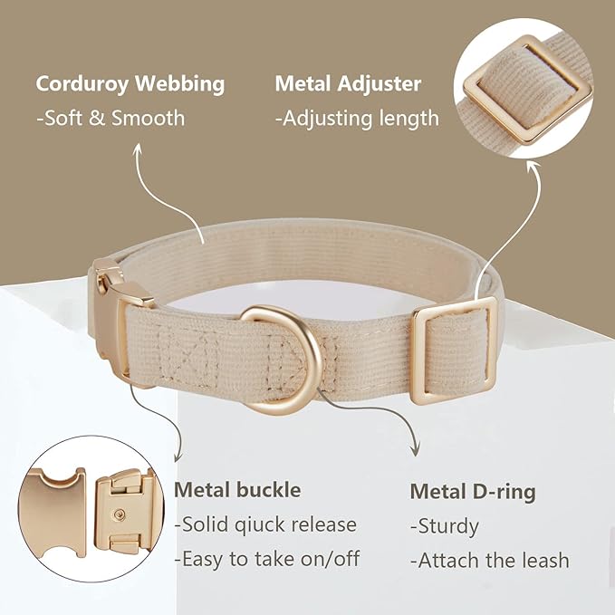 Soft Corduroy Dog Collar and Leash Set, Adjustable Cotton Dog Collars with Metal Buckle and Lead for Medium Dogs,Beige