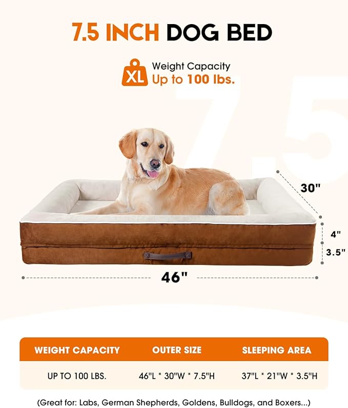 Orthopedic X-Large Dog Bed, Egg Foam Couch with Removable Washable Cover - Waterproof, Non-Slip, Four-Sided Bolster Dogs Bed, Brown