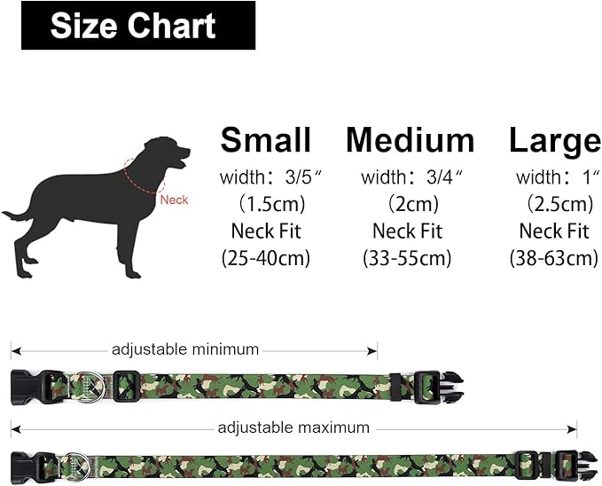 Adjustable Dog Collar with Patterns, Ultra Comfy Soft Nylon Breathable Pet Collar for Small Medium Large Dogs (S, Dog Camouflage Green)
