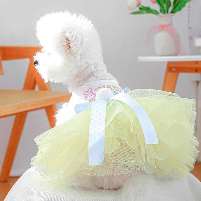 Dog Easter Outfit with Embroidered Bunny Patterns and Cute Pompom Holiday Puppy Dress Bow Small Dog Tutu Cat Apparel Fancy Pet Clothes,Yellow,Blue,White (Yellow, Small)