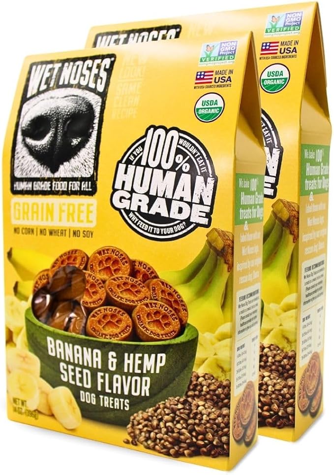 Organic Crunchy Dog Treats – for All Pet Sizes, Breeds – All-Natural Puppy Treat, Senior Dog Snack – 100% Human-Grade – Delicious Chews for Dogs – Hemp Seed & Banana, 14 Oz (2-Pack)
