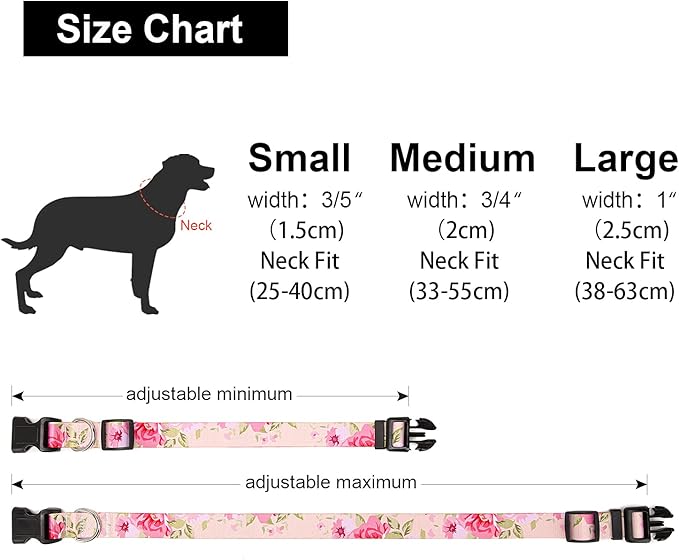 Adjustable Dog Collar with Patterns, Ultra Comfy Soft Nylon Breathable Pet Collar for Small Medium Large Dogs (M, Rose)