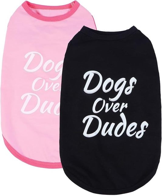 2 Pack Dog Shirts Funny Pet Vest with 'Dogs Over Dudes’Print,Sleeveless Tank Top Breathable & Stretchy Tshirts for Sun Protection Sensitive Skin Soft Dog Clothes for Summer Black+Pink, XS