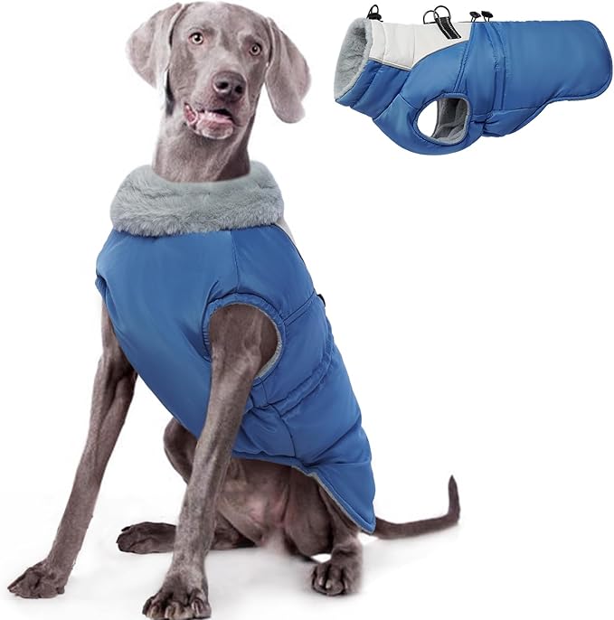 ROZKITCH Dog Jacket for Cold Weather, Dog Coat for Autumn Winter with Turtleneck, Pet Clothes with Adjustable Buckles, Soft Warm Pet Clothing with Reflective Strip for Medium Large Dogs Blue 2XL