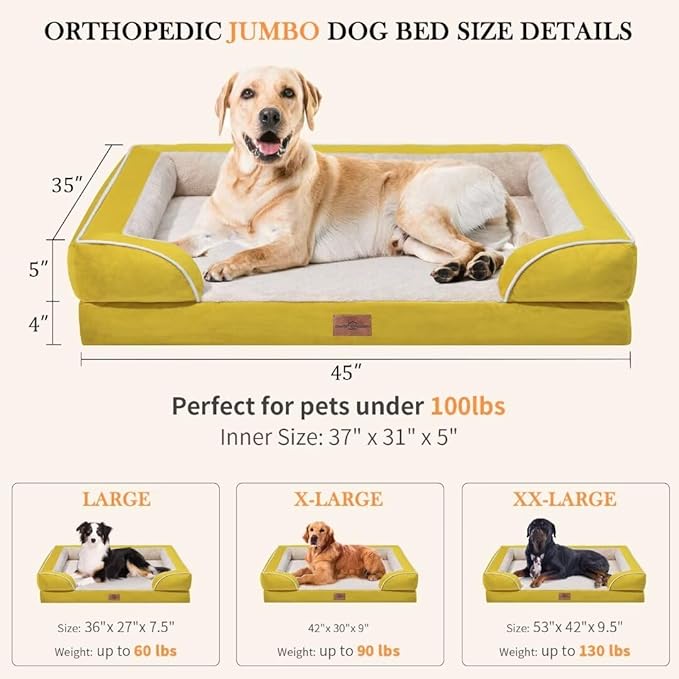 Comfort Expression Orthopedic Dog Beds, Jumbo Dog Bed for Extra Large Dogs, Waterproof Dogs Beds, PV Washable Pet Sofa Couch with Removable Cover & Non-Slip Bottom(Jumbo,Spicy Mustard)