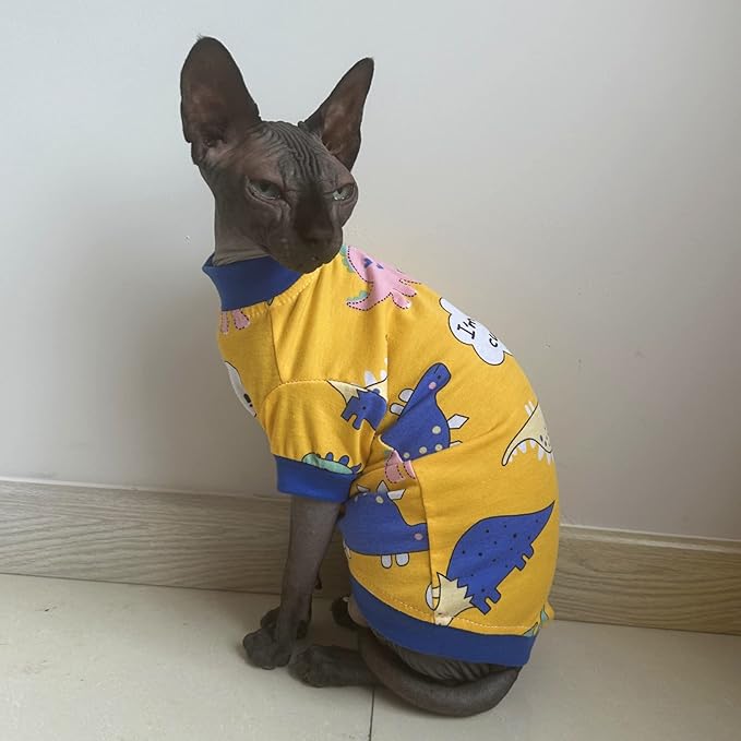 Sphynx Hairless Cat Cute Summer Cotton T-Shirts Pet Clothes,Round Collar Kitten Shirts Cats Apparel (Dinosaur, S (3.3-4.4 lbs))