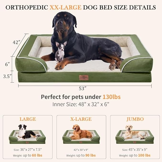 Comfort Expression XXL Orthopedic Dog Bed for Extra Large Dogs, Orthopedic Foam Dog Beds Washable, Waterproof Pet Sofa Couch with Removable Cover & Non-Slip Bottom(XX-Large,Light Green)