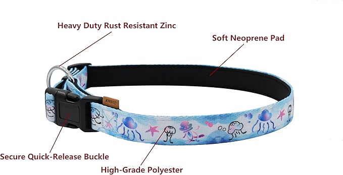 Dog Collar, Cute Jellyfish in Ocean Pattern, Neoprene Padded and Adjustable Collar with Quick Release Buckle, Reinforced Structure (L (Neck 18-28", Width 1"), Ocean Blue)