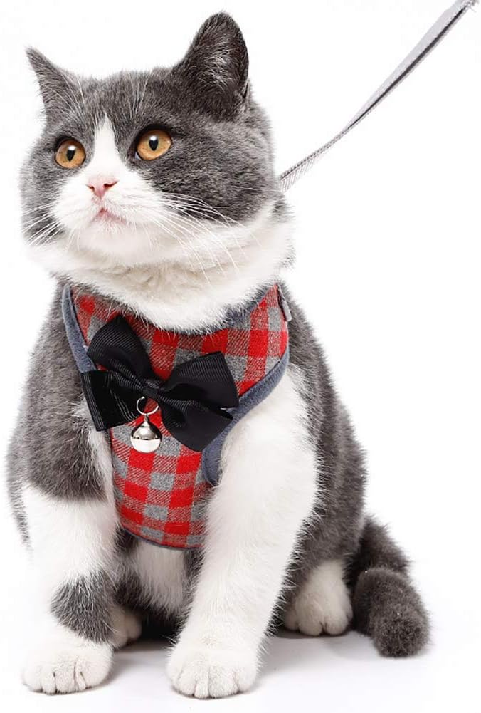 Dog Harness and Leash Set, Soft Mesh No Pull Dog Cat Harness Vest with Bowtie Bell for Small Dogs Puppy and Cats Outdoor Training and Running Classic Plaid Pattern (Medium(11.0"-18.1"), Red Plaid)