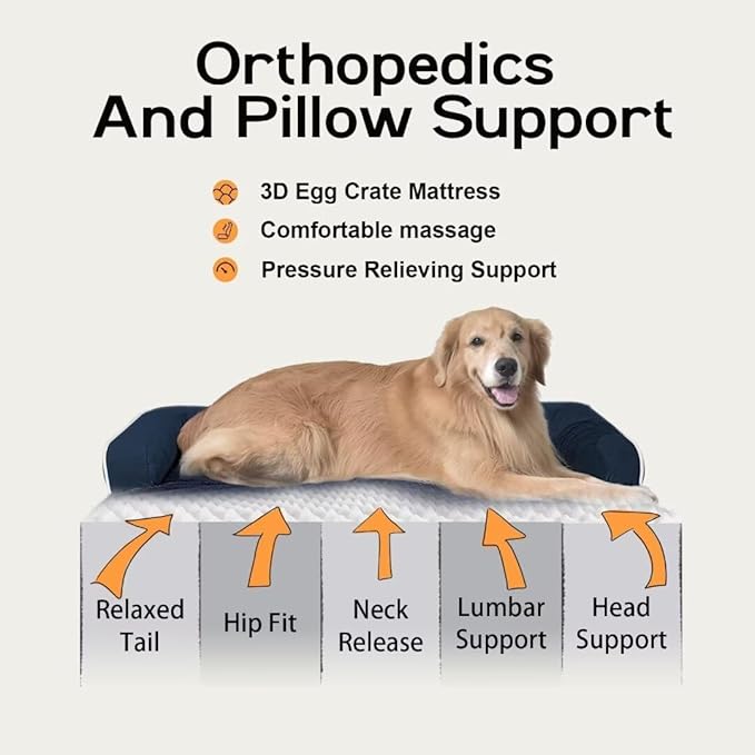 Orthopedic Large Dog Bed Washable: Orthopedic Dog beds for XXXLarge Size Dogs, Waterproof Washable Cover with Egg Foam Removable Bolster, Navy Blue Pet Beds for Large Dogs