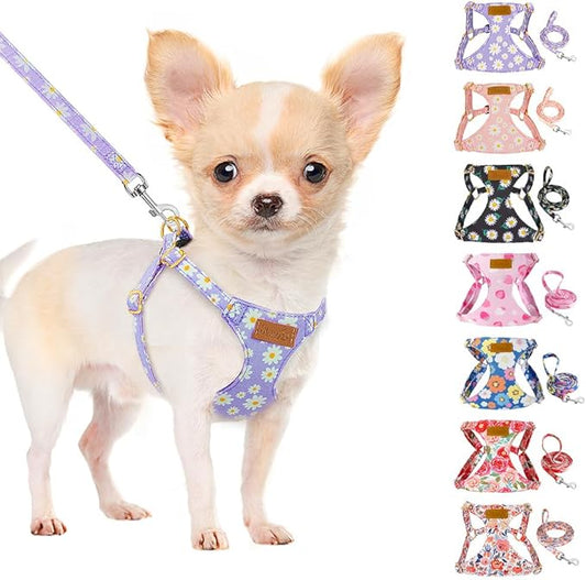 SlowTon No Pull Dog Harness with Leash - Soft Lightweight Floral Pattern Puppy Harness, Adjustable Pet Harnesses for Small Medium Dogs Doggie (Purple XS)