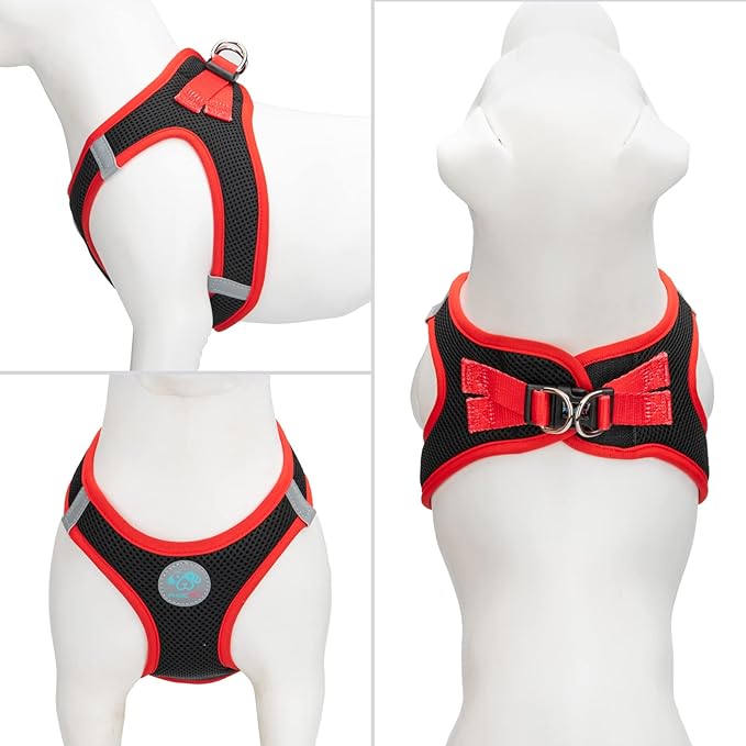 PHOEPET Step-in Dog Harness,Reflective Adjustable Dog Vest Harness, Soft Pet Walking Jacket with 2 Metal Leash Hooks for Dog and Cat(Black Base & Red Straps,XS)