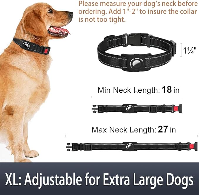Airtag Dog Collar with AirTag Holder for Large Dogs, Reflective, Soft Padded & Safety Locking Buckle, Nylon Pet Collars Adjustable for All Breeds, Black,XL