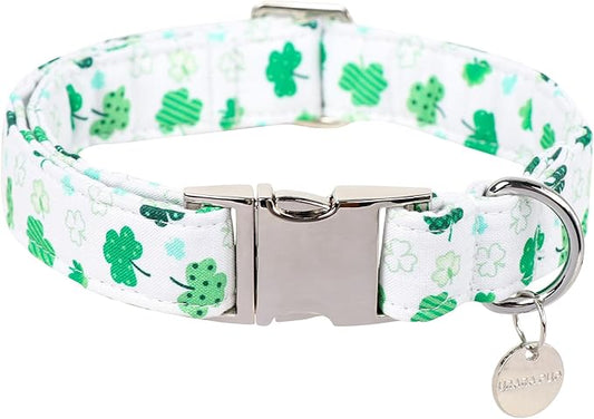St. Patrick's Dog Collar, Cotton St. Patricks Clover Collar for Puppy Girl Boy Dog or Cat, Lucky Shamrock Dog Collar with Metal Buckle, Green, Spring, M