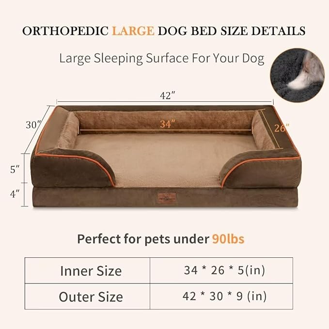 Comfort Expression Dog Beds for Extra Large Dogs, Waterproof Orthopedic Foam XL Dog Beds with Bolster, Washable Dogs Bed Sofa Pet Bed with Removable Cover & Non-Slip Bottom(X-Large,Brown)