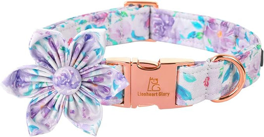 Lionheart Glory Dog Collar - Purple With Flower, Cute Floral Pattern, Adjustable for X-Large Dogs
