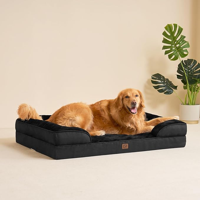 EHEYCIGA Orthopedic Dog Beds for Large Dogs, Waterproof Memory Foam Large Pet Bed with Sides, Non-Slip Bottom and Egg-Crate Foam Dog Couch Bed with Washable Removable Cover, Black
