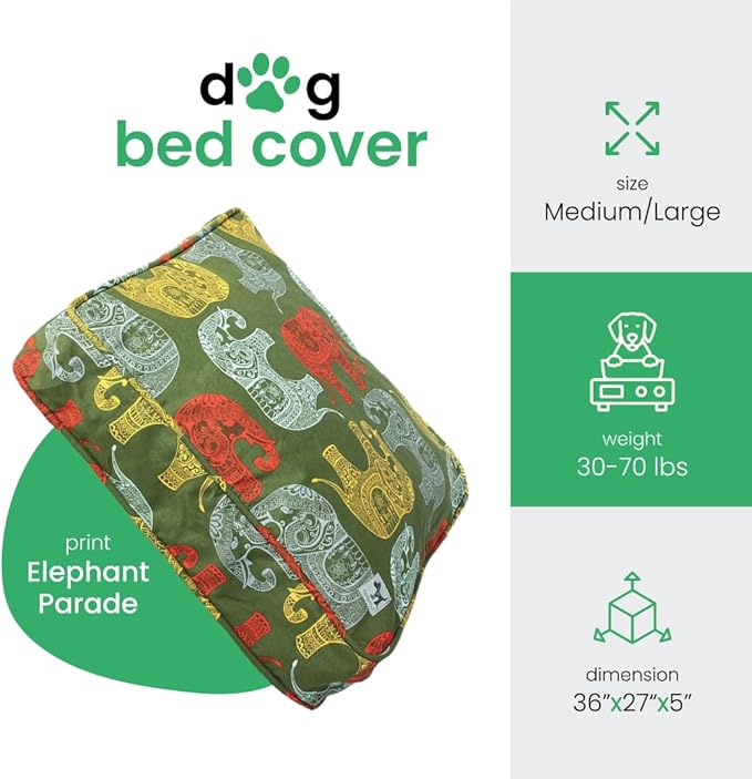 Molly Mutt Medium to Large Dog Bed Cover - Elephant Parade Print - Measures 27”x36”x5’’ - 100% Cotton - Durable - Breathable - Sustainable - Machine Washable Dog Bed Cover