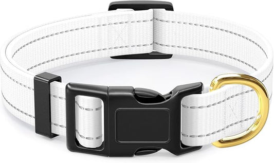 Reflective Dog Collar for Medium Dogs, Cute Adjustable Heavy-Duty Nylon Puppy Collars for Boy and Girl Female, Soft Pet Accessories with Quick Release Buckle, Neck 14-20", White