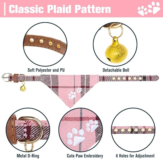 EXPAWLORER Puppy Collar and Leash Set - Plaid Dog Collar and Leash with Bow Tie and Bandana, Bell, XS Pink