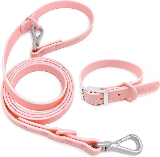 ZALER Dog Collar and Leash Set, Waterproof Adjustable Odor Proof Pet Collars Leashes Easy to Clean, 6FT Dog Leash with 2 Hooks for Large, Medium Small Dogs (L, Pink)