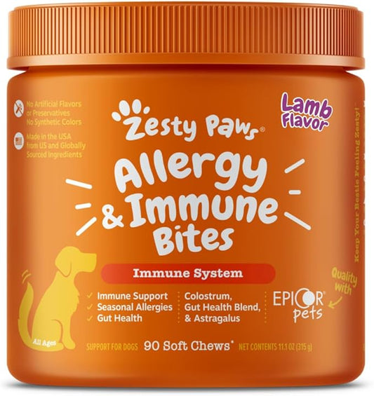 Zesty Paws Dog Allergy Relief- Dog Itching Skin Relief- Dog Probiotics for Itchy Skin and Itchy Ears- Dog Allergy Paw Relief- Dog Allergy Chews- Dog Itch Relief - Dog Skin Allergy Relief - Lamb - 90ct