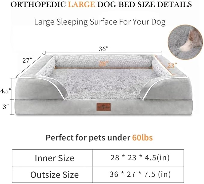 Comfort Expression Large Dog Beds Orthopedic Foam, Waterproof Dog Beds for Dogs Sofa Comfy Pet Bed with Washable Removable Cover & Non-Slip Bottom(Large,Grey White)