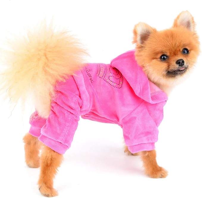 SEIMAI Dog Hoodies Jumpsuit for Small Dog Cat Puppy Rhinestone Crown Soft Velvet Autumn Winter Hooded Pajamas Tracksuit Outfits Sportswear Jacket with Hat Training Outdoor Pink S