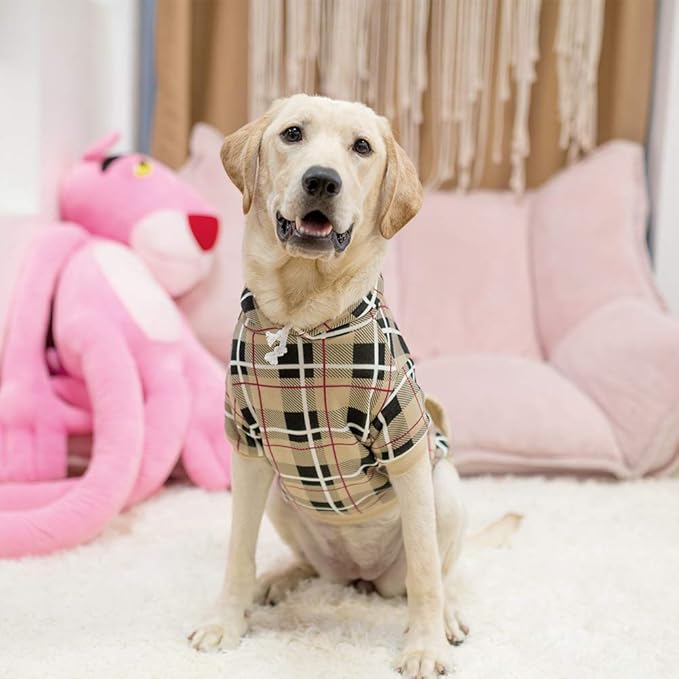 EXPAWLORER Plaid Dog Hoodie - British Style Warm Dog Sweater Shirt with Leash Hole,Pitbull Clothes Outfits,Winter Coat Apparel for All Breeds Puppy Girl Boy-Cat Apparel
