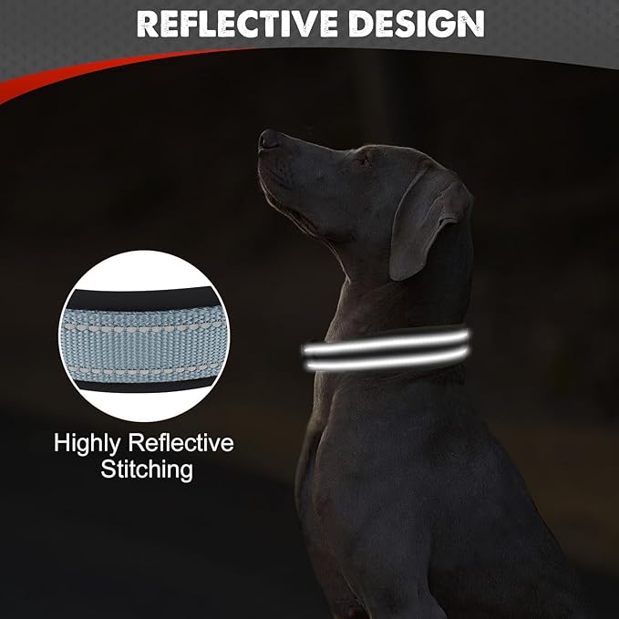 Joytale Dog Collar for Medium Dogs, Neoprene Padded and Adjustable, Reflective Wide Heavy Duty Pet Collars with Durable Metal Belt Buckle for Walking, Gray, M
