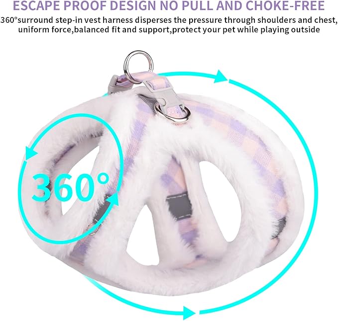 AIITLE Step in Dog Harness and Leash Set - Warm and Cozy Basic Plaid Dog Vest Harness with Magic Tape Design, Reflective Pet Harness for Outdoor Walking, Training for Small Dogs, Cats Purple XXS