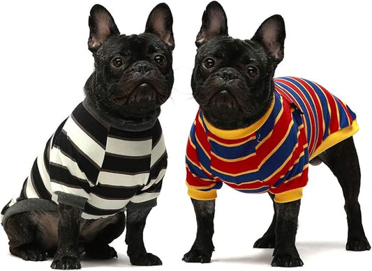 Fitwarm 2 Pack Striped Dog Shirt, Summer Dog Clothes for Small Dogs Boy, Breathable Pet Tshirt, Stretchy Cat Outfit, 100% Cotton, Black and White, Royal Blue and Yellow, XS
