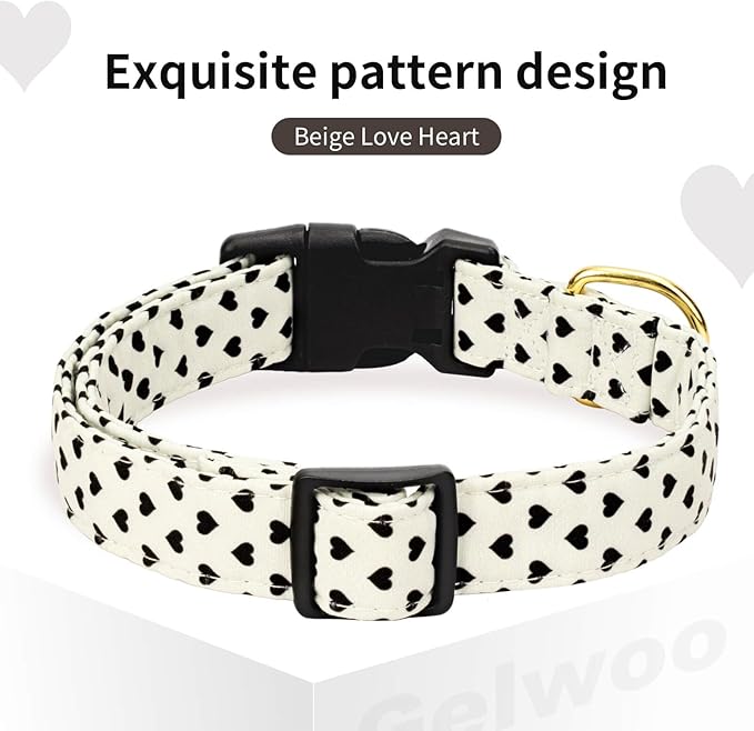 Cotton Dog Collar,Soft and Cute Puppy Collars with Hearts Patterned Design for Girl Female Boy Dogs,Adjustable Buckle Pet Collar for Small Medium Large Dogs (Beige Love Heart, L)