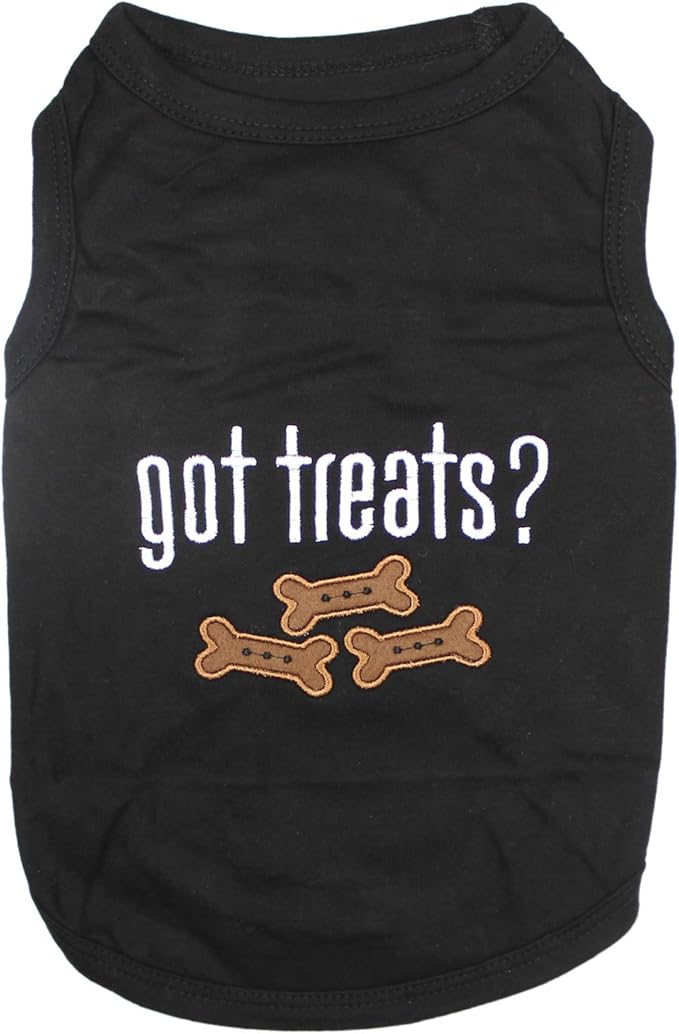 Parisian Pet Dog Tshirt - Embroidered “ Got Treats? “ Dog Shirt - 100% Cotton and Lightweight Dog Clothes - Sleeveless Black Dog Tee Shirts - Machine Washable Dog Shirts for Medium Dogs - M
