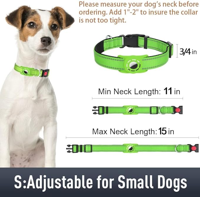 Airtag Dog Collar with AirTag Holder for Small Dogs, Reflective, Soft Padded & Safety Locking Buckle, Nylon Pet Collars Adjustable for All Breeds, Green,S