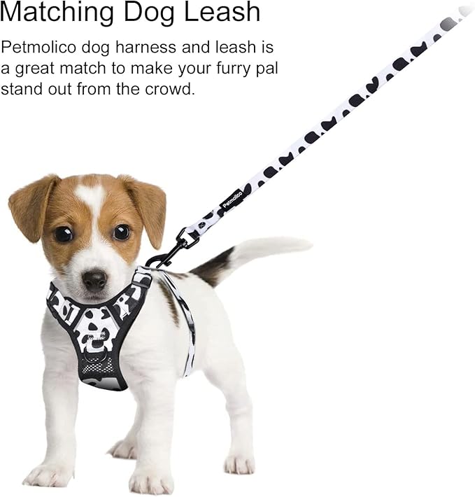 Petmolico No Pull Dog Harness and Leash Set, No Choke 4 Leash Attchments Easy Control Handle Soft Padded Reflective Vest Dog Harness for Large Dog Breed, Cow Pattern Large