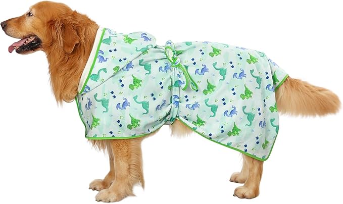 HDE Dog Bathrobe Super Absorbent Quick Drying Towel with Hood for All Dog Breeds Sizes S-XXL - Cute Dinosaurs - XL