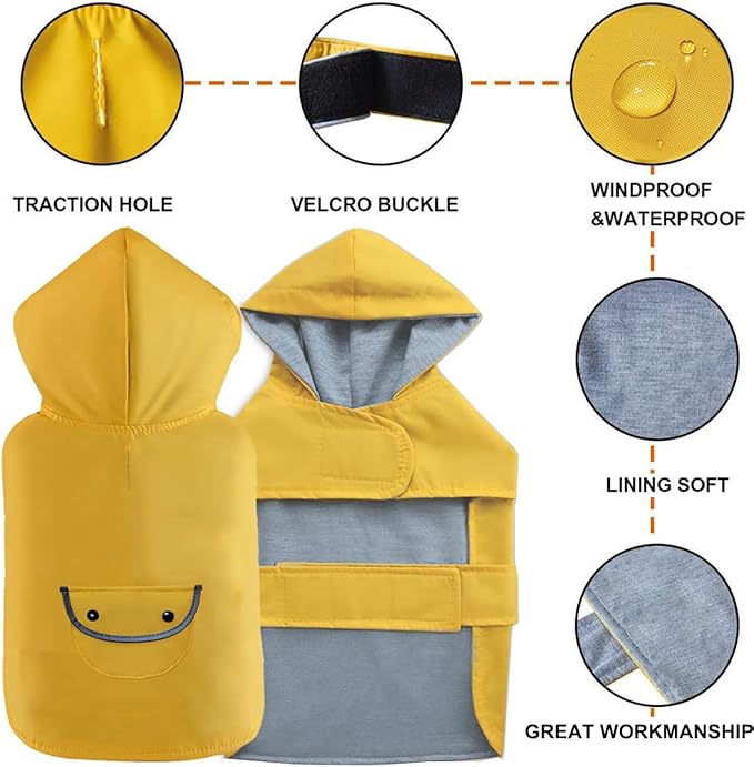 Small Dog Raincoat Puppy Dogs Rain Jacket Reflective Lined Breathable Poncho Rainwear Waterproof Pet Clothes Pocket Hooded Leash Hole Adjustable Puppy,Yellow,XS,Back Length 6.3 Inch