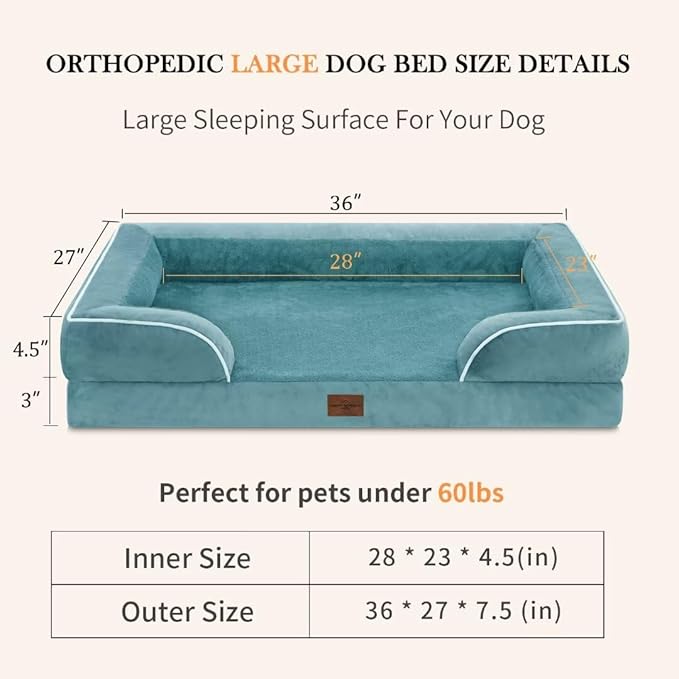 Comfort Expression Waterproof Large Dog Beds, Orthopedic Dog Beds for Large Dogs, Comfy Pet Bed Sofa with Washable Removable Cover & Non-Slip Bottom(Washed Blue)