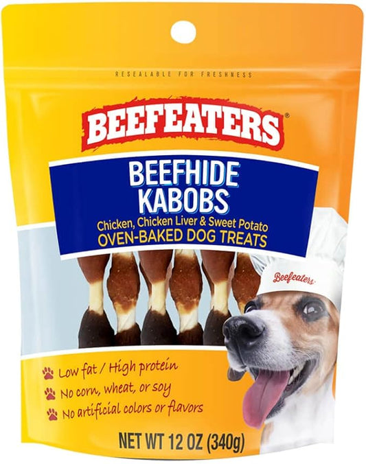 Beefeaters Beefhide Kabobs 12oz – Dog Treat. Triple Flavor with Real Chicken, Liver & Sweet Potato, Long-Lasting Chew, Supports Dental Health, Ideal for Training