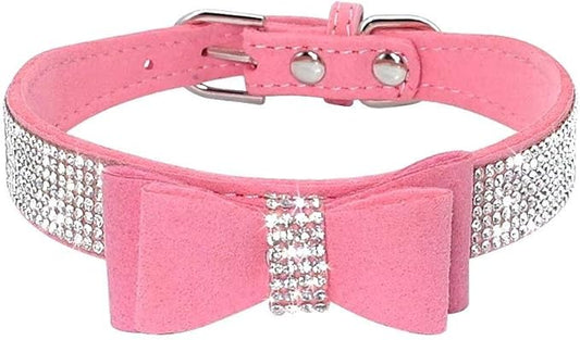 Rhinestone Dog Collar, Cute Dazzling Sparkling Soft Suede Leather Dog Cat Rhinestone Collar Crystal Diamond Pet Dog Puppy Collar (XS, Pink-1)
