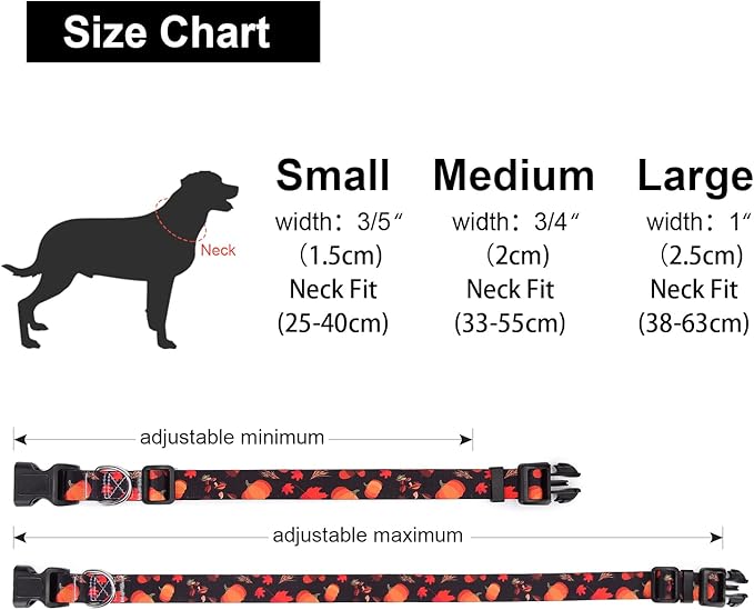 Adjustable Dog Collar with Patterns, Ultra Comfy Soft Nylon Breathable Pet Collar for Small Medium Large Dogs (S, Pumpkin)