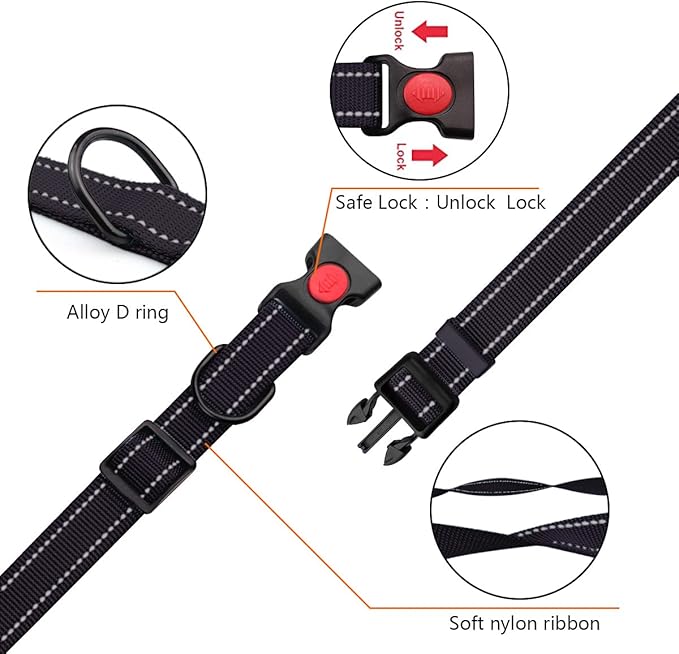 Reflective Dog Collar and Leash Set with Safety Locking Buckle Nylon Pet Collars Adjustable for Small Medium Large Dogs 4 Sizes(Black&M)